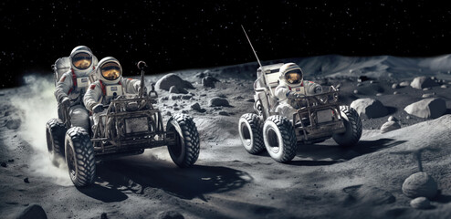 Wall Mural - astronauts driving buggies in a daring race across the moon's barren landscape, illustrating space t