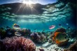 a beautiful underwater reef in the south pacific ocean clear water light rays in the water some coral and seaweed colorful fish jellyfish shark white sand bottom vibrant color photo real dynamic 