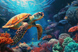 Sea turtle explores the depths above a lush and diverse underwater garden, showcasing a vibrant and peaceful aquatic ecosystem