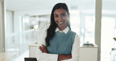 Poster - Business woman, arms crossed and face of a corporate worker in a office ready for compliance officer job. Female professional, smile and portrait with confidence and pride at workplace