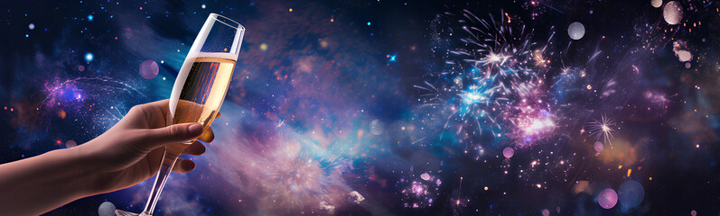 Wall Mural - christmas and new year with a glass of champagne and fireworks in the background. bokeh light effect