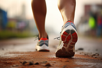 Sticker - Close up generative AI photo of a female or male person legs in sportive shoes running in the park