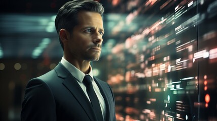 A man and holograms with graphs and statistics. Concept: politician and economic figure developing a strategy. Future technologies for displaying information