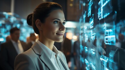 A man and holograms with graphs and statistics. Concept: politician and economic figure developing a strategy. Future technologies for displaying information