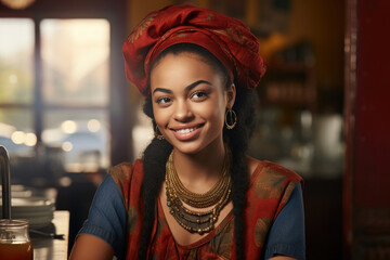 Wall Mural - Woman is seated at table in restaurant. This image can be used to showcase dining experiences or restaurant scenes.