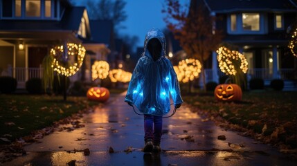 Poster - A child in a raincoat standing on a sidewalk. Halloween. Generative AI.