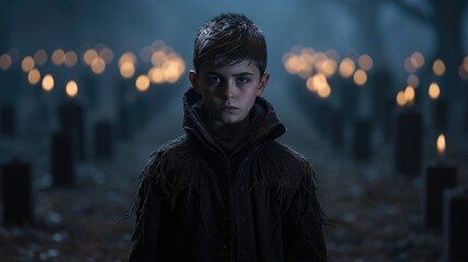 A young boy standing in a cemetery with candles in the background. Generative AI.