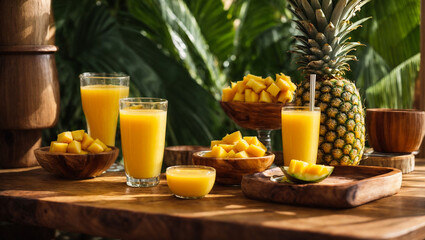 Poster - Glasses with fresh mango juice, pineapple