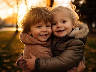 Poster - A couple of kids that are hugging each other. Generative AI.