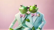 Cute Frog Couple In Elegant Suit. Minimal Illustration For Valentine's Day. Abstract Concept.