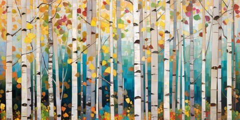 Abstract colorful geometric illustration of birch trees, birch tree forest, horizontal or landscape aspect ratio. Generative AI.

