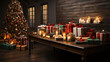 Zauberhafte Weihnachtsmomente: Strahlende Kerzen erhellen ein Bild von perfekt verpackten Weihnachtsgeschenken, eingehüllt in die warme Atmosphäre der Feiertage. Besinnliche und festliche Stimmung 