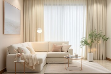 Wall Mural - Elegant living room in minimalist style with luxury curtains