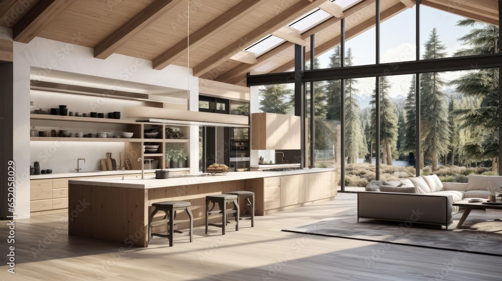 luxury modern open plan kitchen with rich natural light wooden beams ...