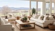 Modern country ranch house living room with view of rolling hills