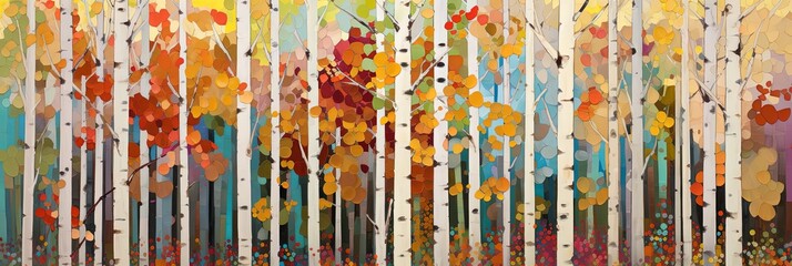 Abstract colorful geometric illustration of birch trees, birch tree forest, panoramic or landscape aspect ratio. Generative AI.
