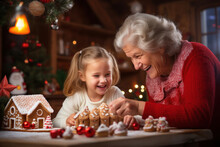 Grandma And Granddaughter Smiling And Making Christmas Decorations. Girl And Her Grandmother Make Gingerbread House For New Year, Christmas.