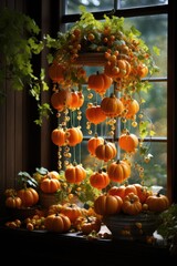 Wall Mural - Decoration ideas of countryhouse for fall holidays. Autumn decor with wreath and suspended pumpkins for thanksgiving and halloween