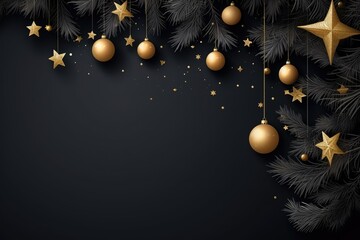 Fancy golden and black christmas background with ornaments. Greeting card mockup