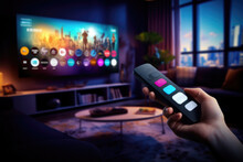 A Hand Holds A Streaming Service With A Remote Control Against The Background Of A TV With A Choice Of Streaming Services