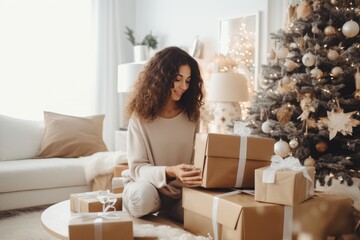 Woman packing bunch of christmas gifts in decorated living room. Xmas spirit idea