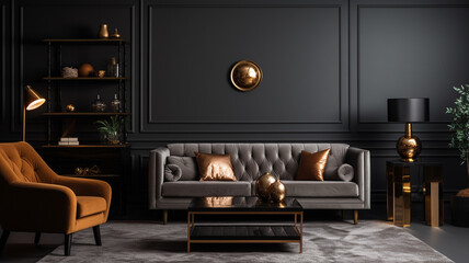 Poster - dark interior design with sofa, lamp, armchair