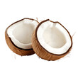 Cracking open the treasures of the tropics: fresh coconut halves, isolated on a white background.
