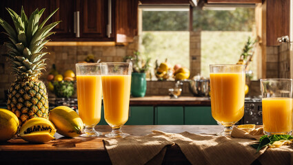 Wall Mural - Glasses with fresh mango juice, pineapple on kitchen background