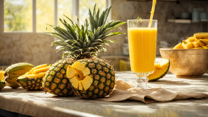 Canvas Print - Glasses with fresh mango juice, pineapple on kitchen background