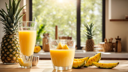 Canvas Print - Glasses with fresh mango juice, pineapple on kitchen background