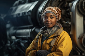 A black woman worker in a uniform is engaged in repair work