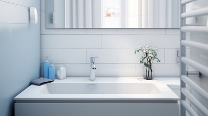 Wall Mural - Fragment of a modern luxury bathroom with white tile walls. White countertop sink, chrome faucet, bottles and dispensers, flowers in a vase. Close-up. Contemporary interior design. 3D rendering.