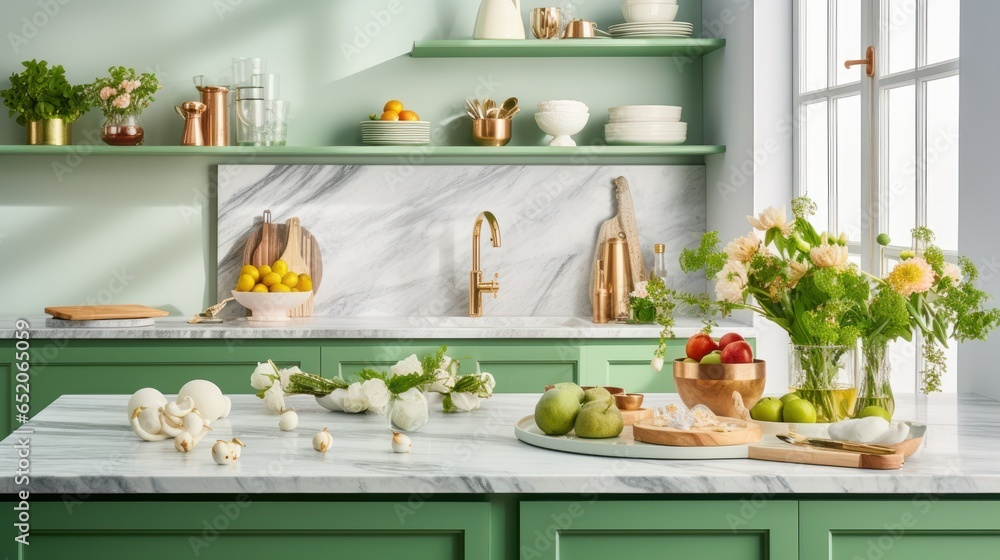 Interior of modern classic green kitchen. Marble countertop and ...