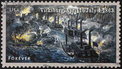 Poster - Naval battle of Vicksburg on american postage stamp