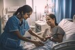 Nurse Caring for a Patient, compassionate healthcare worker, medical care in a hospital room, patient recovery, nursing duties