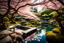 Peaceful Japanese Garden With Koi Pond And Cherry Blossoms