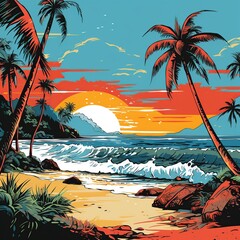 Wall Mural - Pop art comic colorful beach sunset view. AI generated image