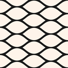 Wall Mural - Vector mesh seamless pattern. Simple black and white geometric texture. Monochrome illustration of wavy mesh, lattice, grid structure. Endless abstract minimal background. Repeat decorative design