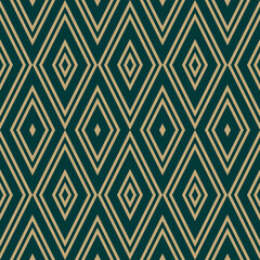 Abstract rhombuses geometric seamless pattern. Golden vector background with lines, outline diamonds. Simple plaid ornament. Elegant dark green and gold texture. Repeat geo design for decor, textile