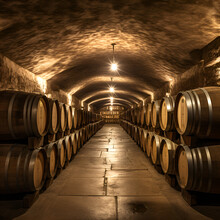 A Tunnel With Wine Barrels In It And A Light Hanging