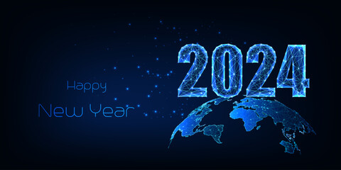 Wall Mural - Futuristic 2024 landing page template with 2023 digits and planet Earth map on dark blue background.