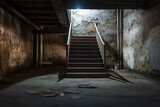 Fototapeta Na drzwi - empty basement in abandoned old industrial building with little light and a wooden stairs