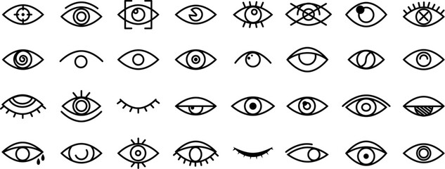 Wall Mural - Line eyes symbols. Outline eye icon, isolated ophthalmology signs collection. Vision elements for drops or clinic, healthcare decent vector logo