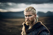 Blonde blue eyed handsome viking man portrait on a landscape - Generative AI
