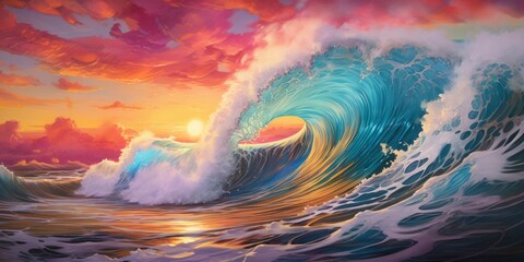 Wall Mural - Wave in the ocean, large and colorful, crashing, white crested. Illustration style. Generative AI. 
