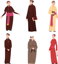 Catholic Church. Religion Catholic Person Male And Female Characters Pastor Catholicism Leader In Authentic Clothes Exact Vector Cartoon People