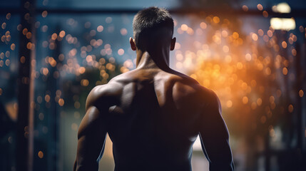 Wall Mural - View from behind, young Fitness man, workout. Back view of a muscular, pumped-up male bodybuilder athlete. 