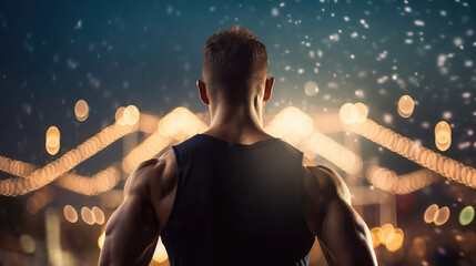 Wall Mural - View from behind, young Fitness man, workout. Back view of a muscular, pumped-up male bodybuilder athlete. 