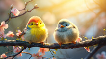 Funny Little Birds Sit On A Branch In A Spring Sunny Park And Chirp
