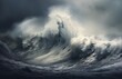 Dramatic breaking crashing wave in the ocean, large with ominous cloudy sky, white crested. Generative AI. 


